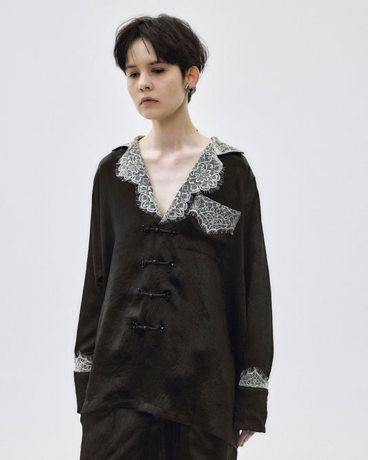 lace collar sleep china button shirt Black【stock】