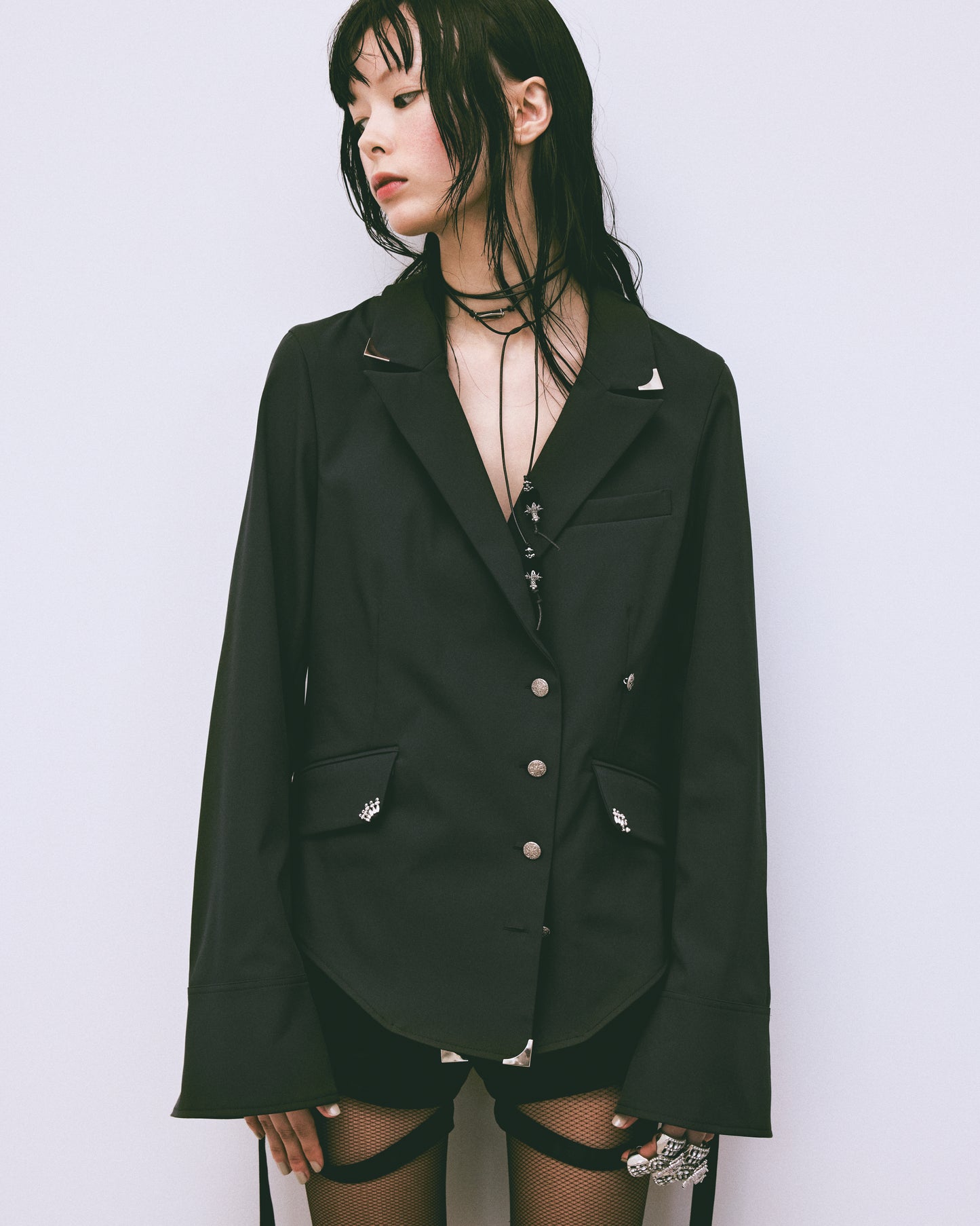 silver metal shirt jacket Black【stock】