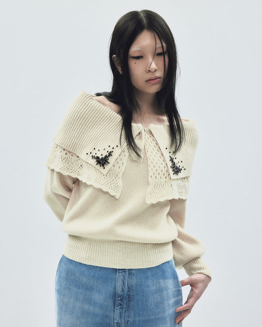 bijou tiara off-shoulder knit Ivory 【stock】