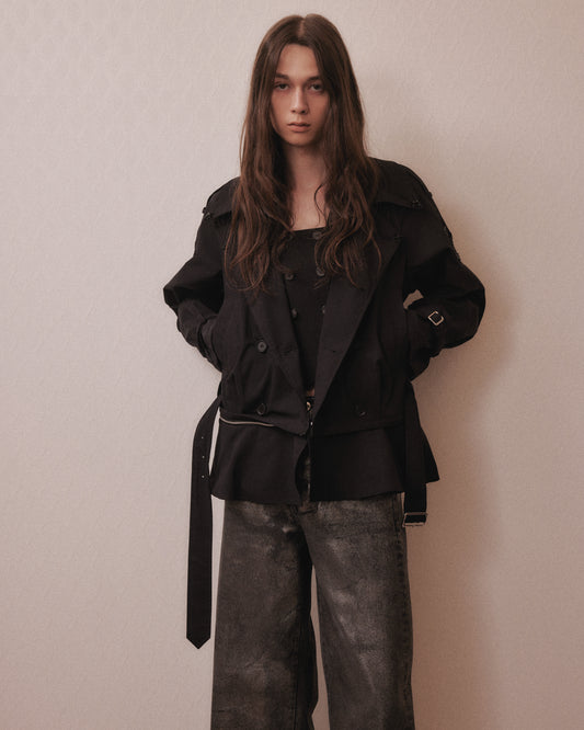 Beads epolette peplum trench jacket Black【Delivery in January 2027】