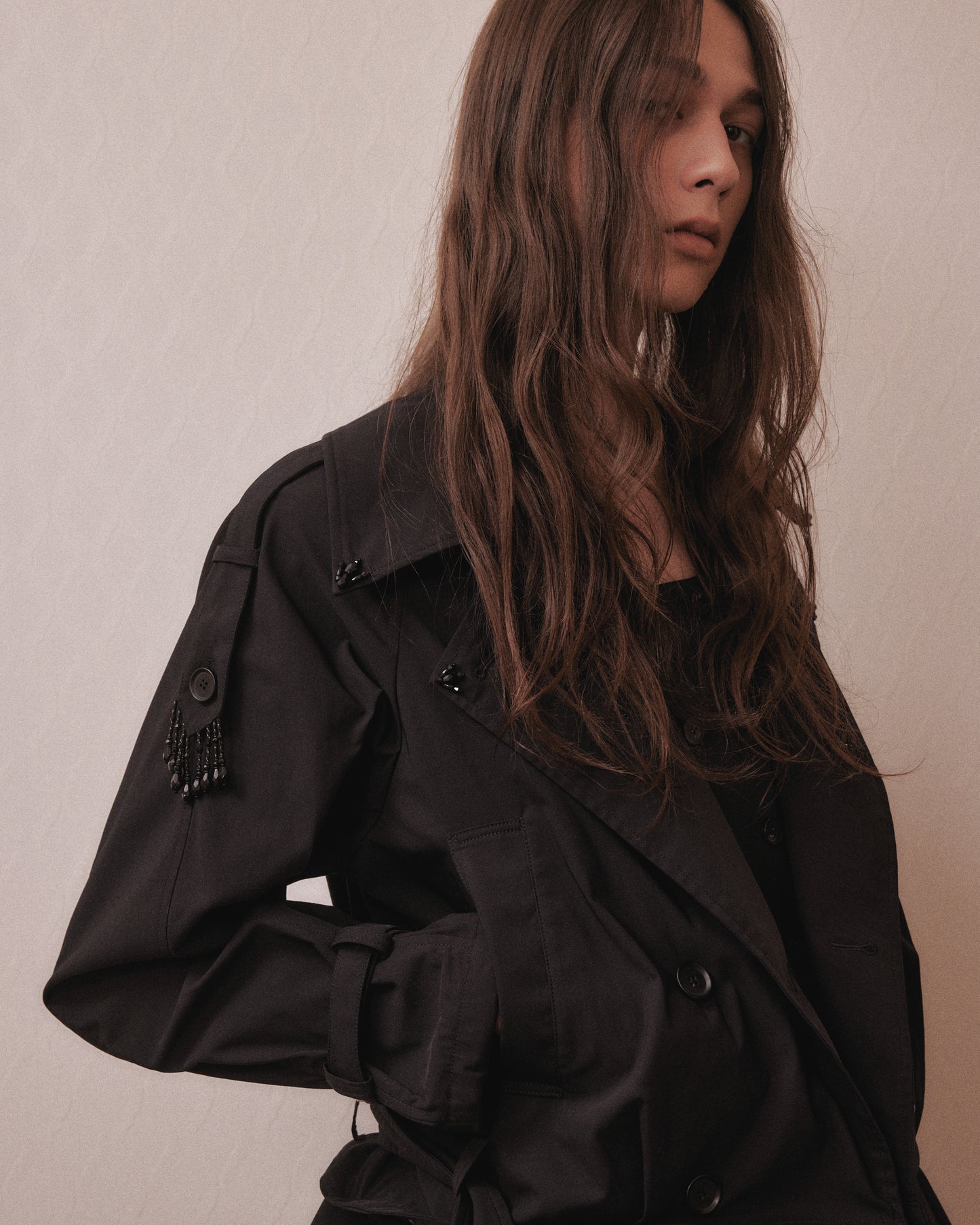Beads epolette peplum trench jacket Black【Delivery in January 2027】