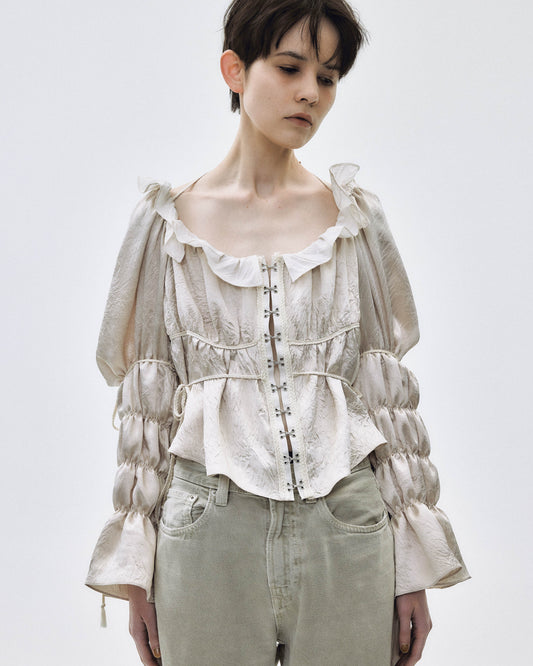 front hook ribbon satin blouse Beige【stock】