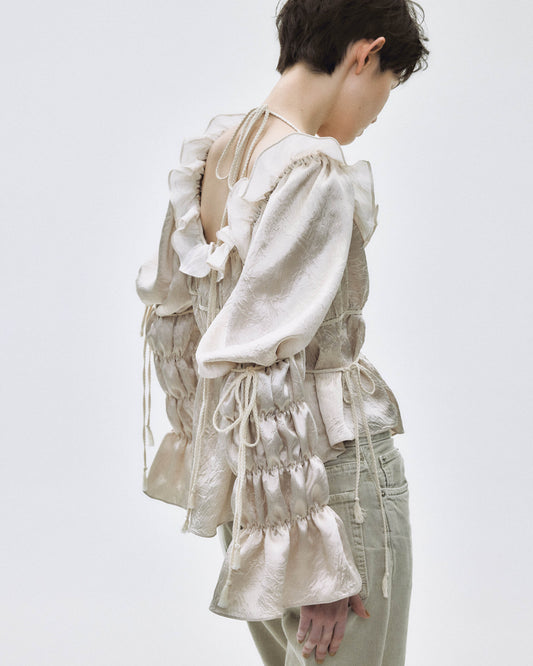 front hook ribbon satin blouse Beige【stock】