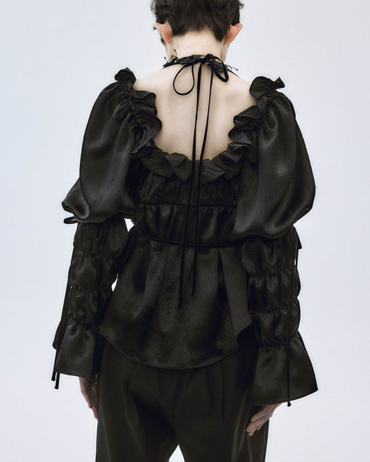 front hook ribbon satin blouse Black【stock】