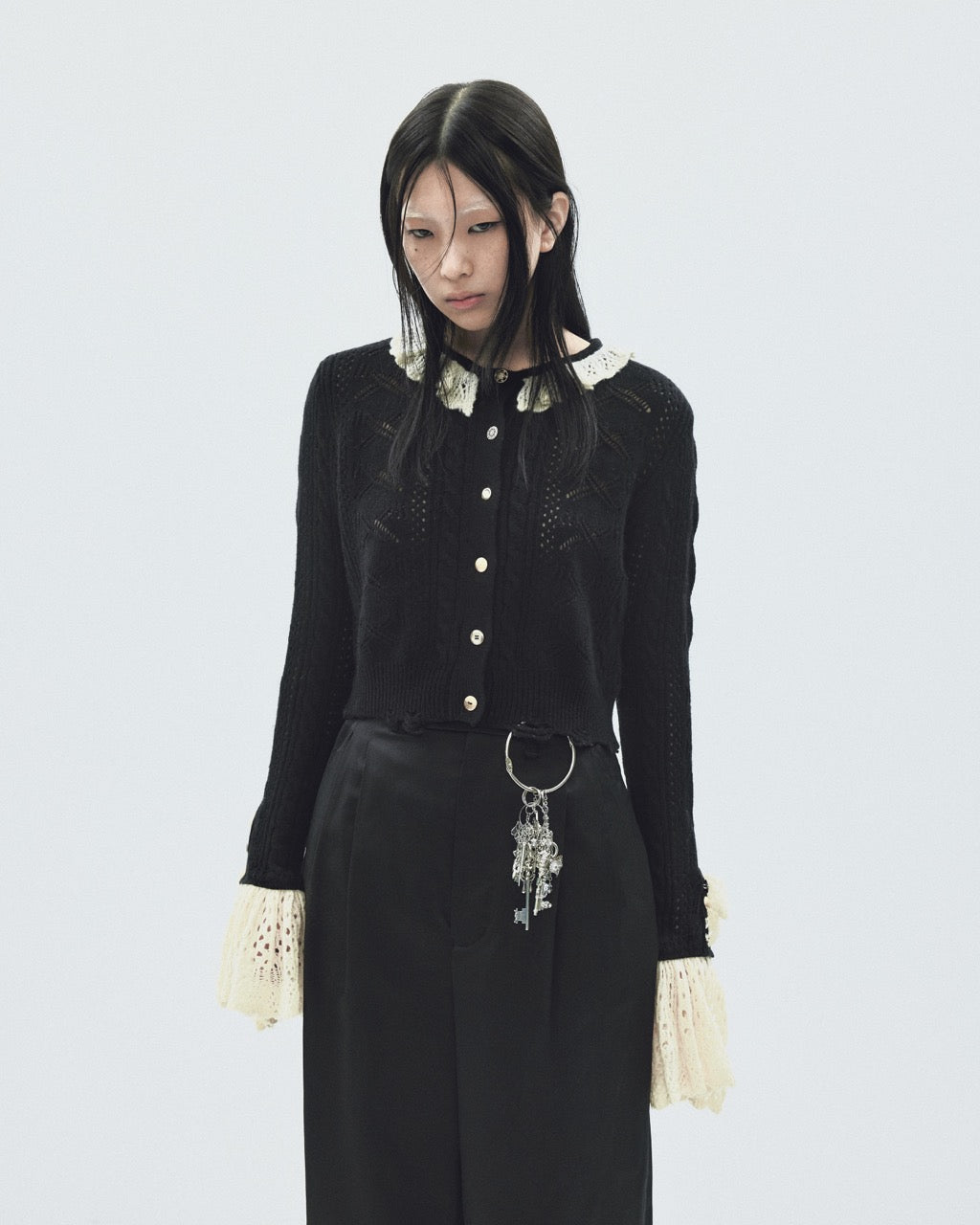 ribbon pattern frilled sleeve knit cardigan Black 【stock】