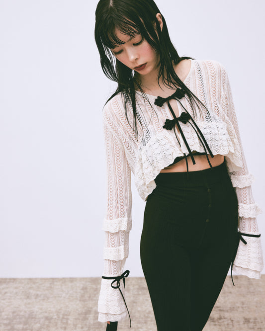 double ribbon knit cardigan Ivory【stock】
