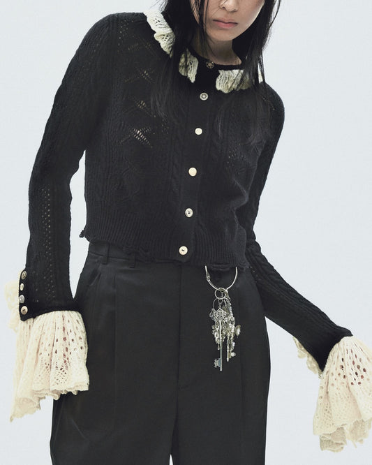 ribbon pattern frilled sleeve knit cardigan Black 【stock】