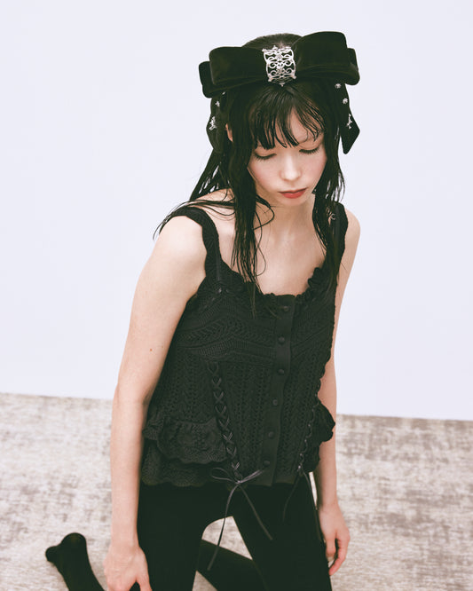 lace up ribbon knit camisole Black【stock】