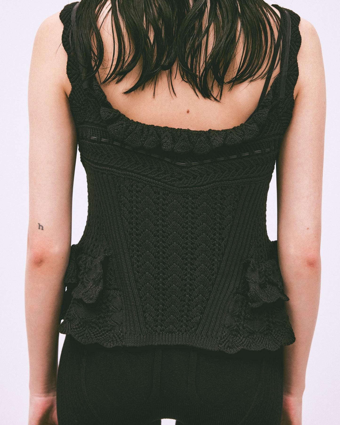 lace up ribbon knit camisole Black【stock】