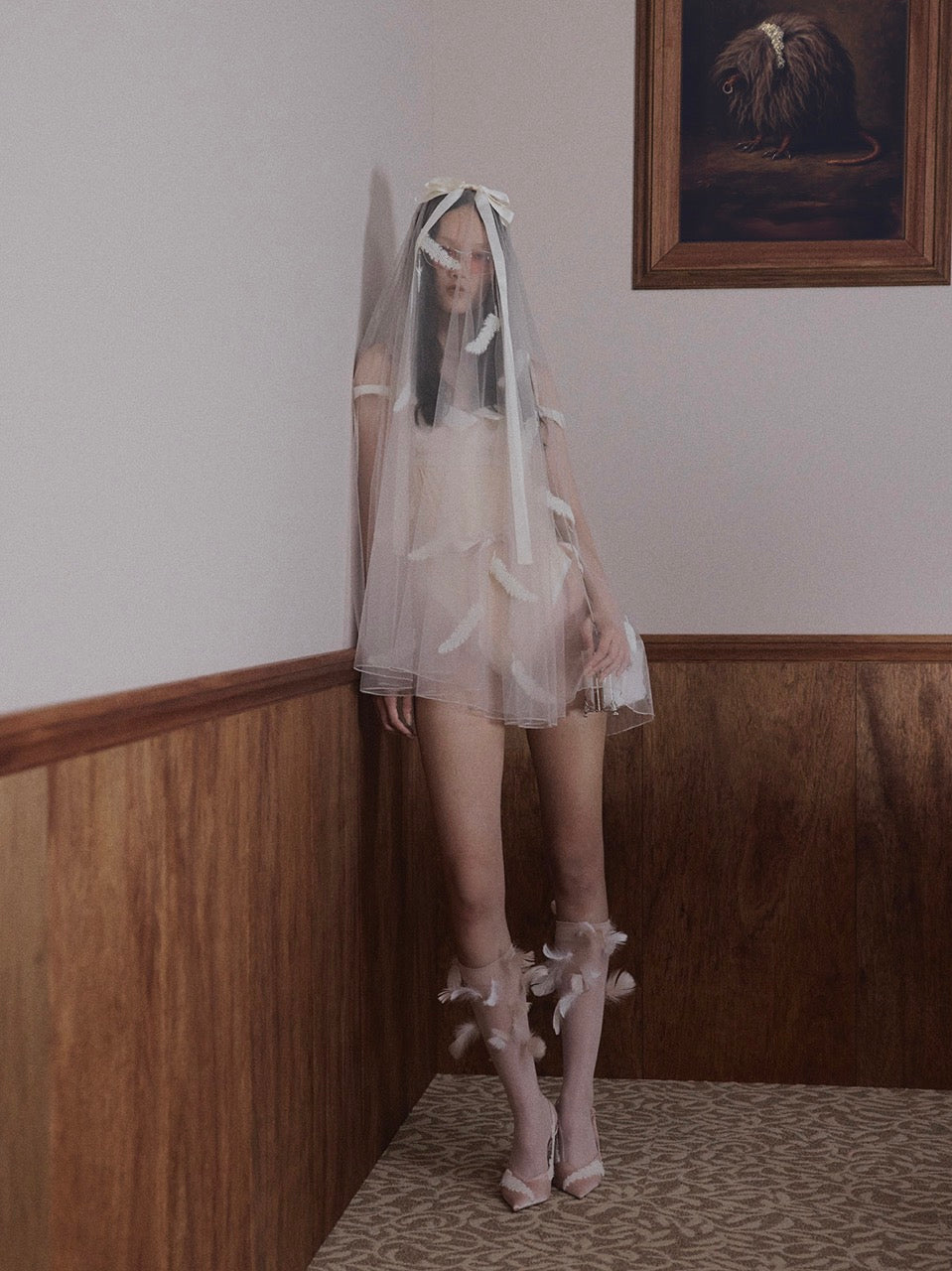 feather beads tulle veil【Delivery in March 2026】