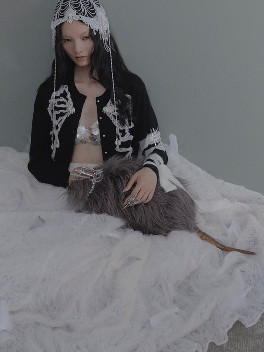 Ribbon tulle pearl embroidery cardigan Black【Delivery in March 2026】