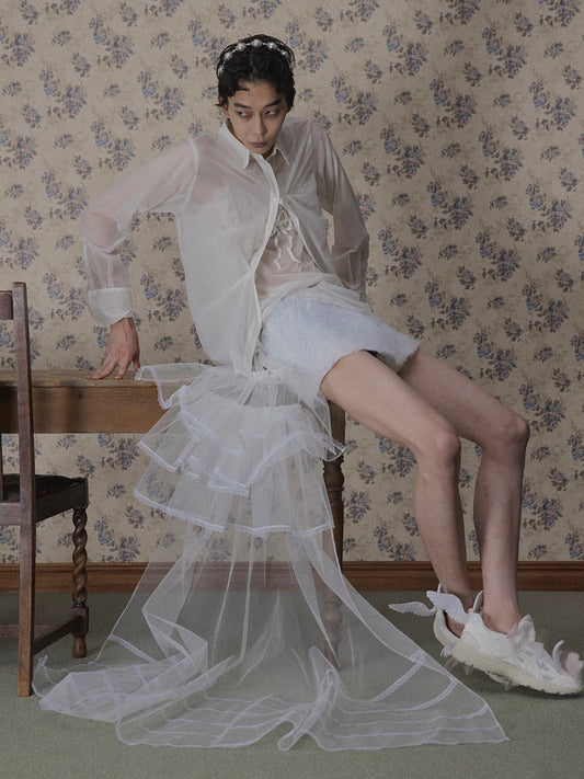 wave tuck lumen embroidery sheer shirt Off white【Delivery in January 2026】