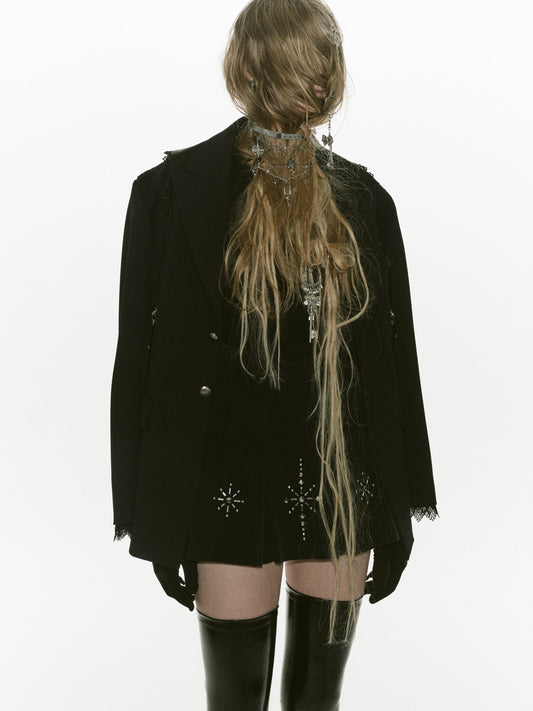 metal studs corduroy pleats skirt Black【stock】