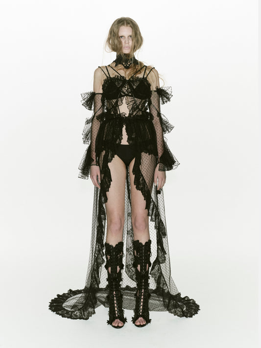 dot tulle leather ribbon cami dress【Delivery in February 2026】