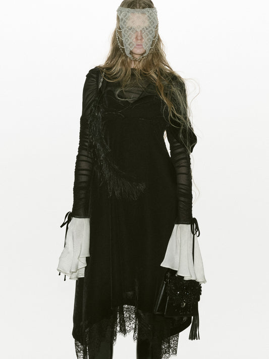 ruffle sleeve back open tulle tops【stock】