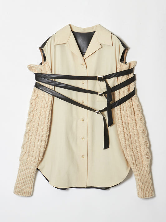 knit sleeve faux leather shirt【Delivery in February 2026】