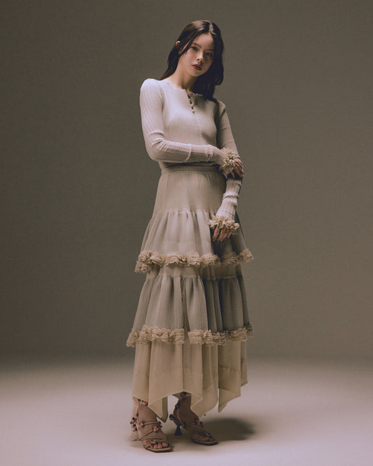 shade hem frilled lame tulle skirt Ice gray【Delivery in May 2024】
