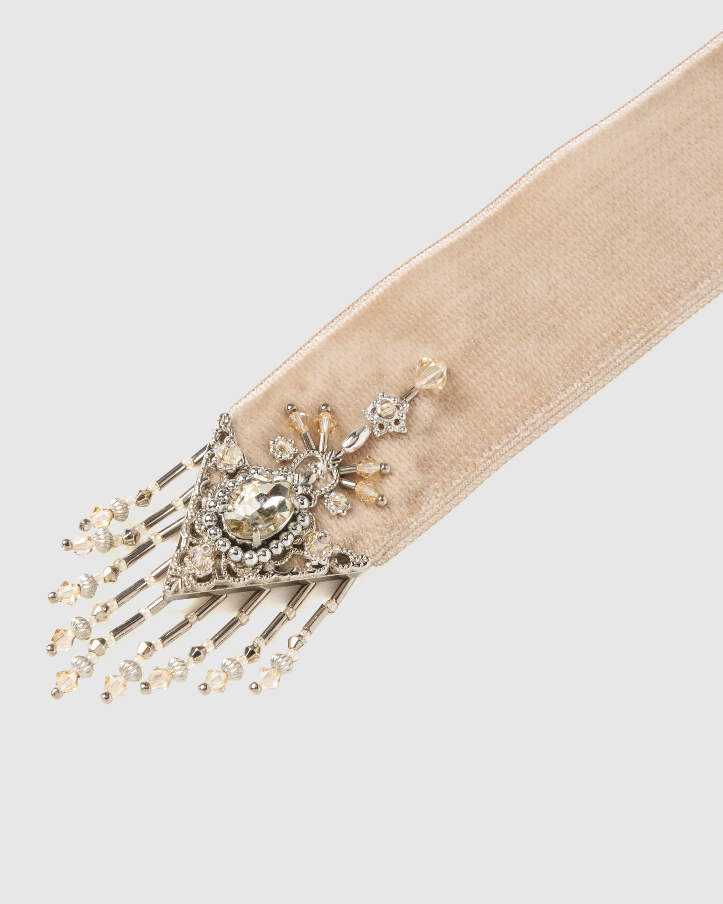 crystal silver tip velvet long ribbon beige【POPUP先行】
