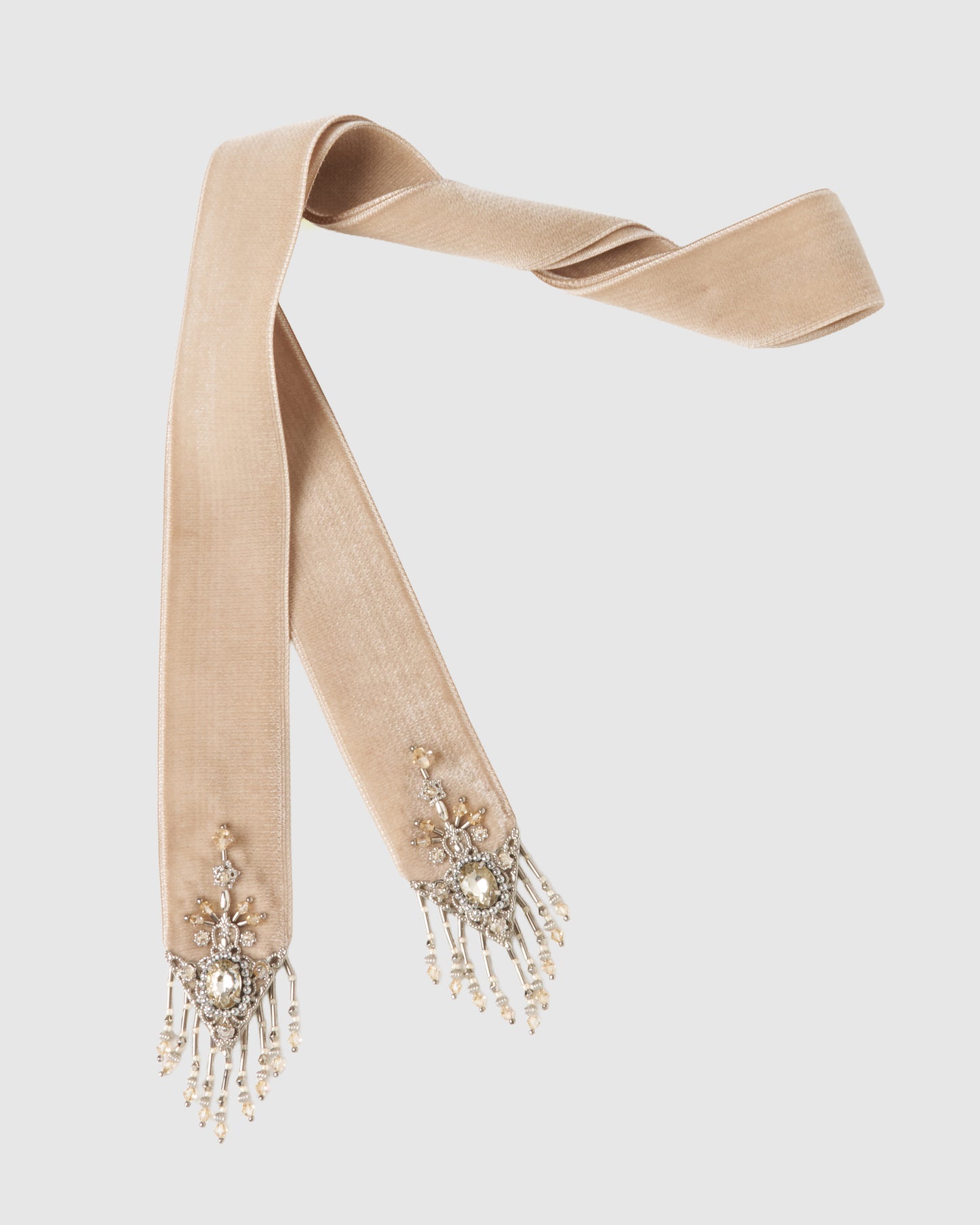crystal silver tip velvet long ribbon beige【POPUP先行】