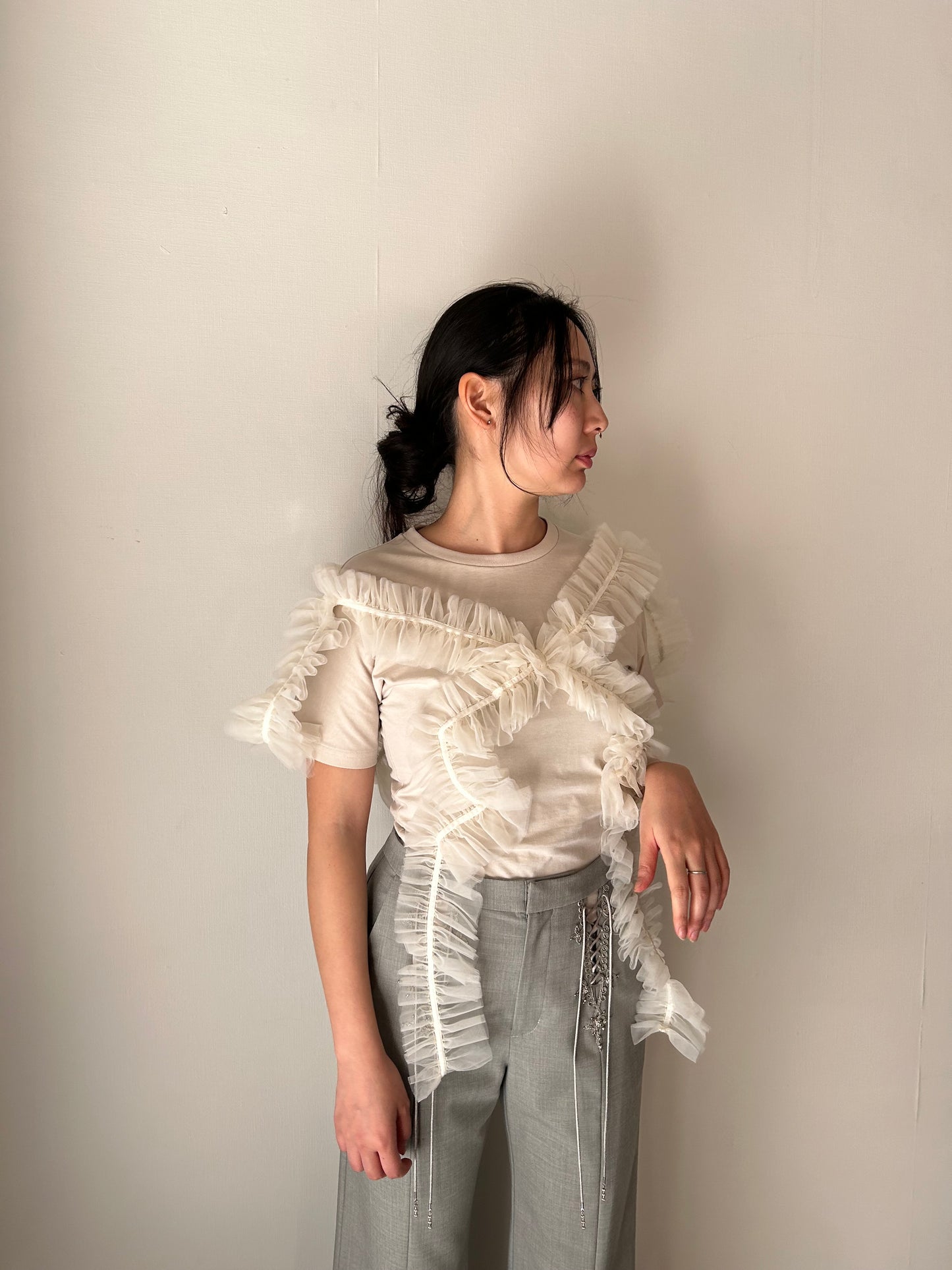 gather tulle ribbon tops Beige【Delivery in July 2024】