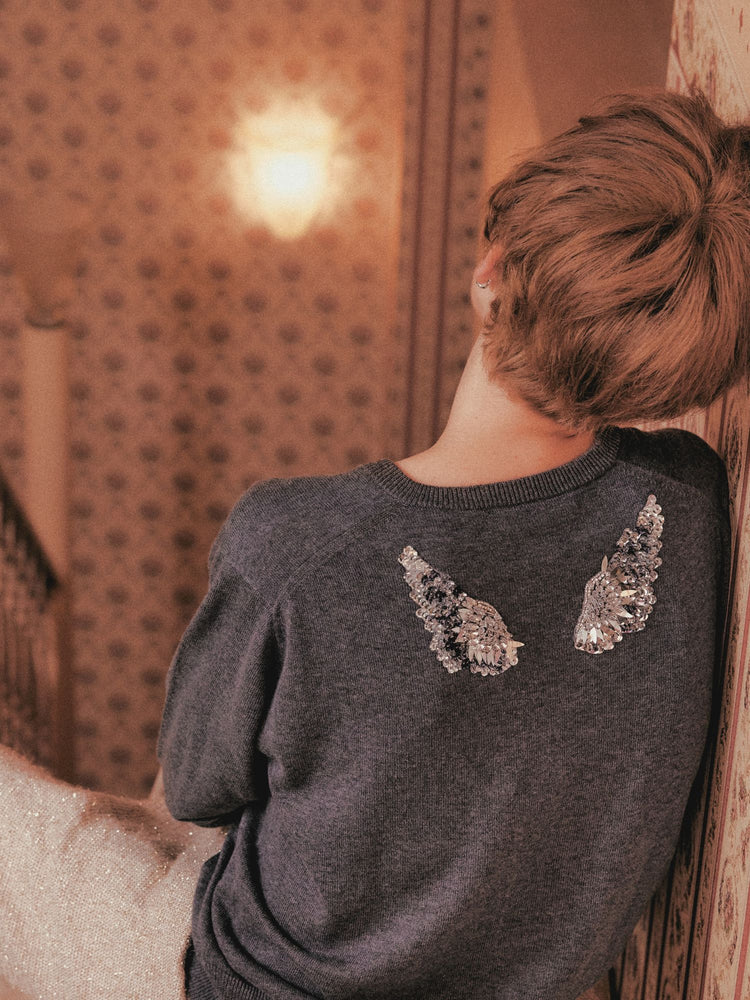 Silver crystal bijou wing cardigan Gray【Stock】
