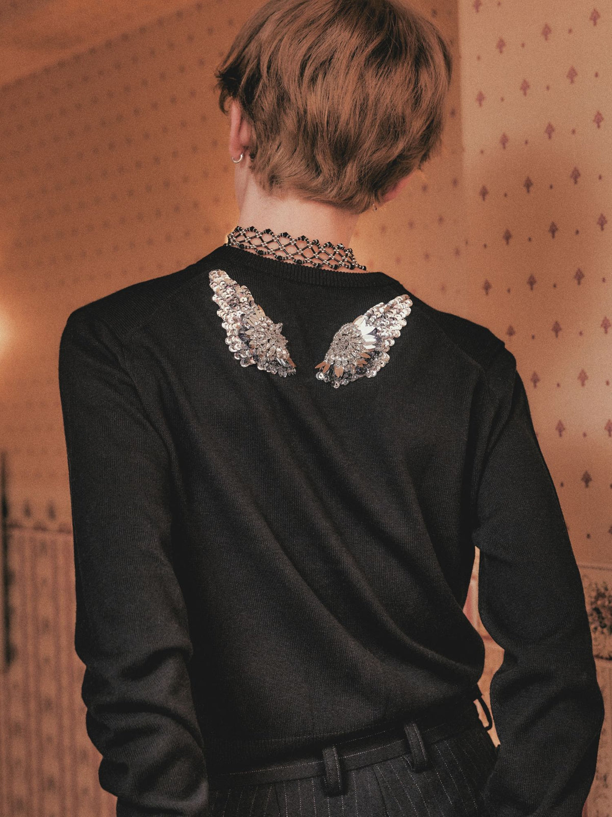 Silver crystal bijou wing cardigan Black【Stock】