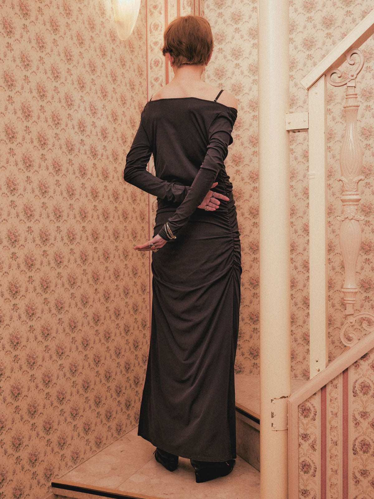 lace layered drape jersey dress Black【Stock】