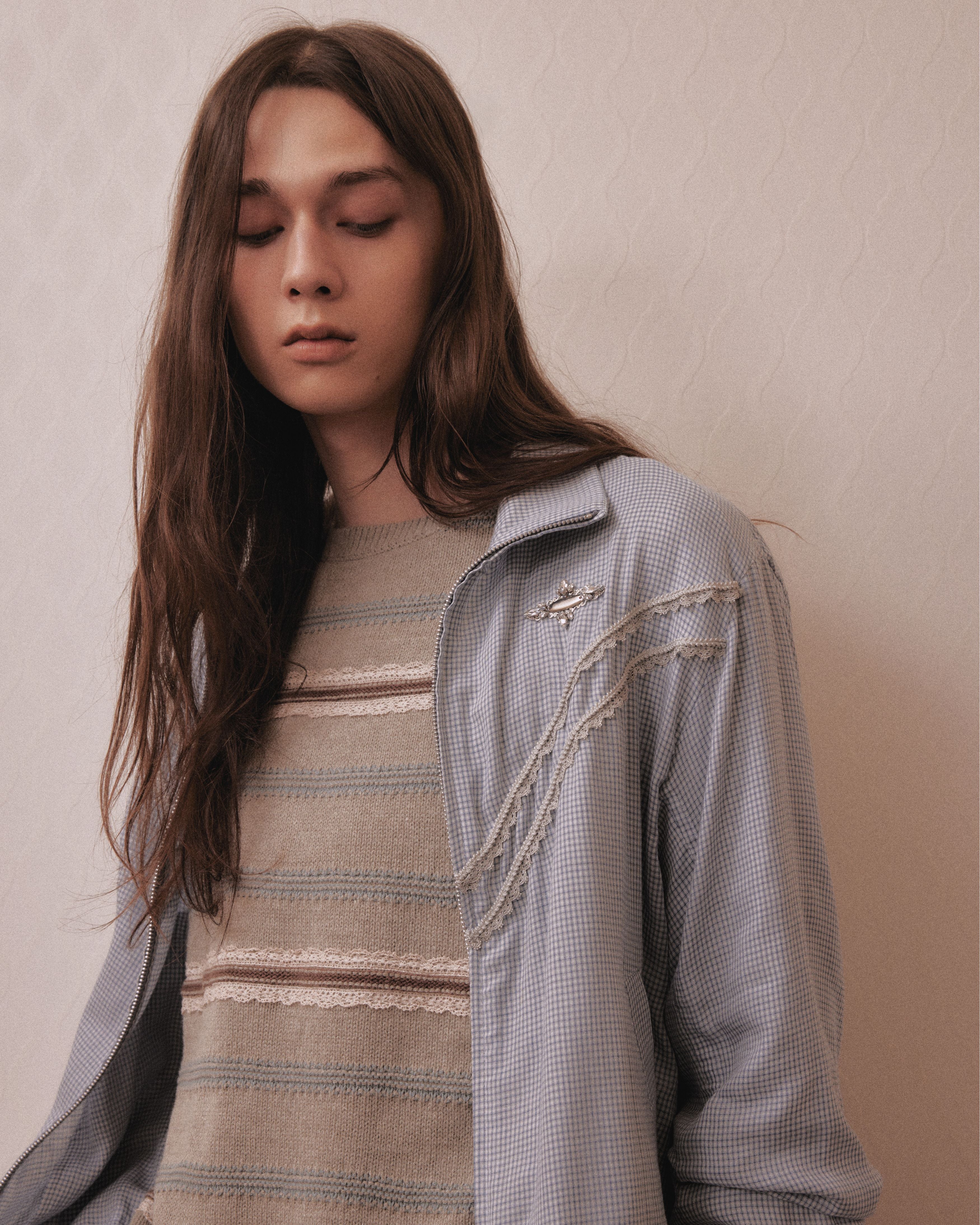 tanakadaisuke(タナカダイスケ)|ニット|Lace border knit pulover Gray