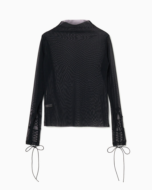 lace up sleeve sheer tops Black【Delivery in April 2024】