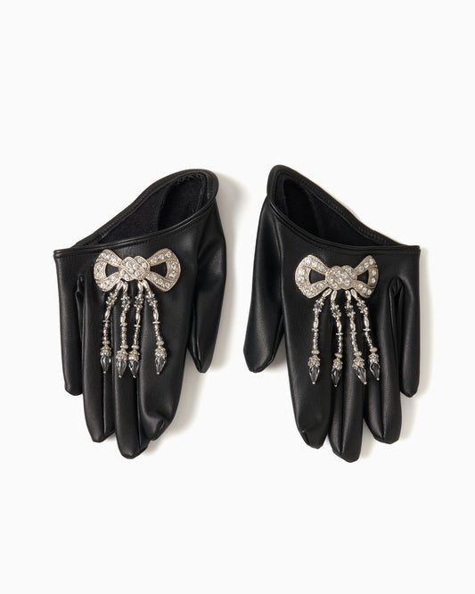 Ribbon bijou faux leather glove【Delivery in July 2024】