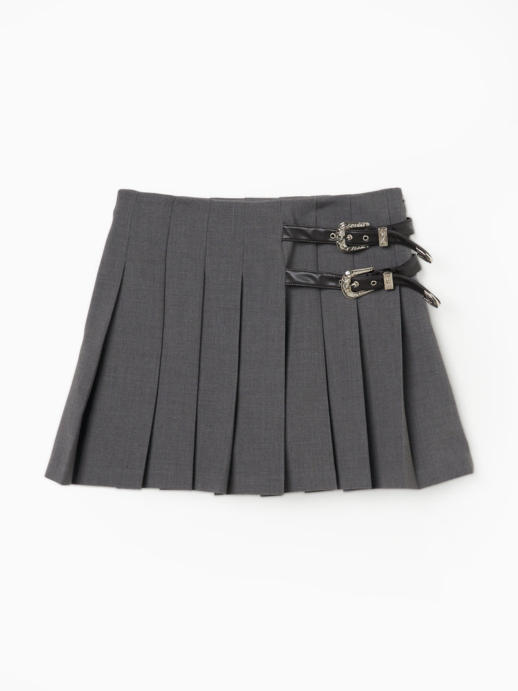 silver buckle pleats skirt【stock】