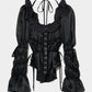 front hook ribbon satin blouse Black【stock】