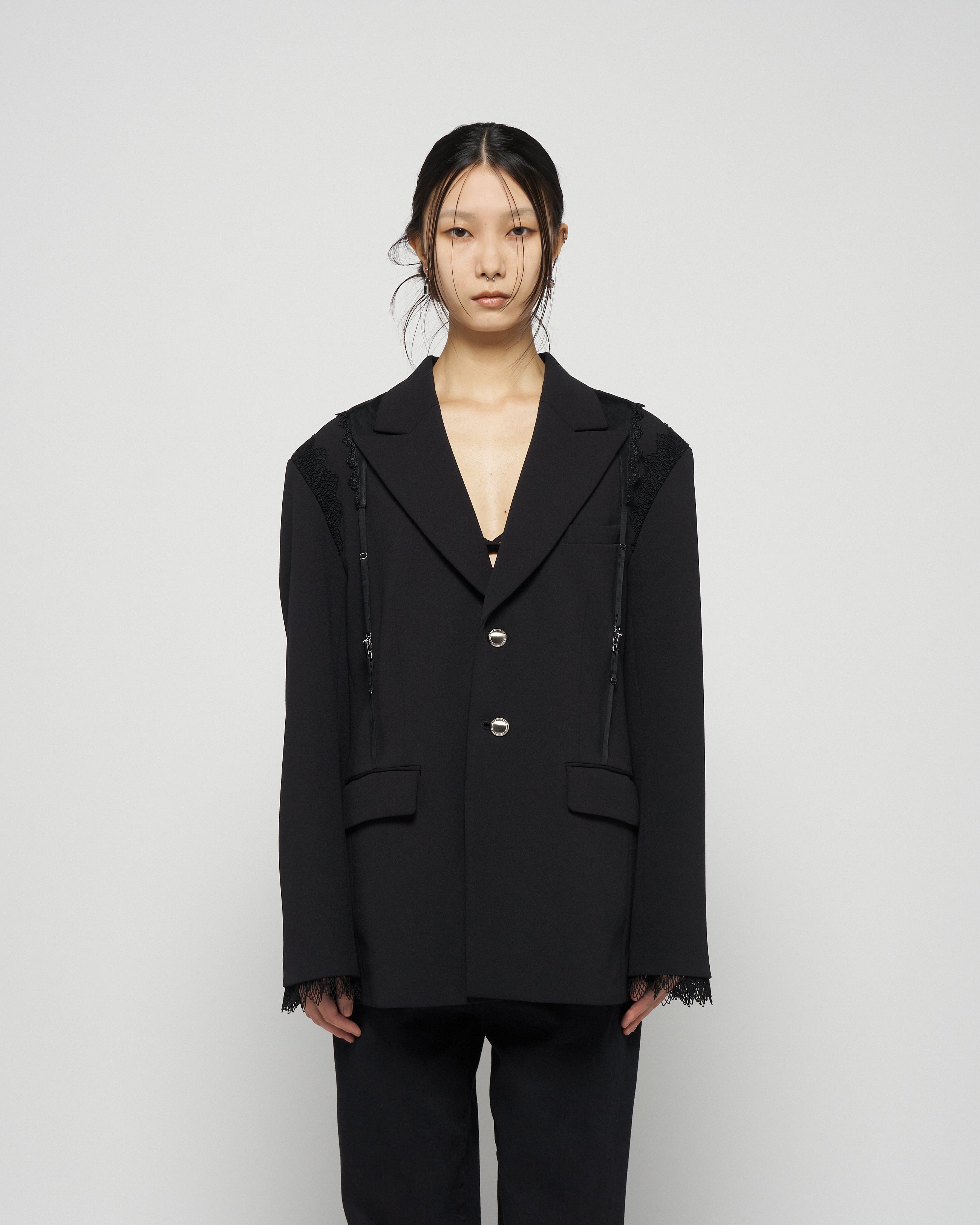 タナカダイスケ| garter collar peaked lapel jacket Black