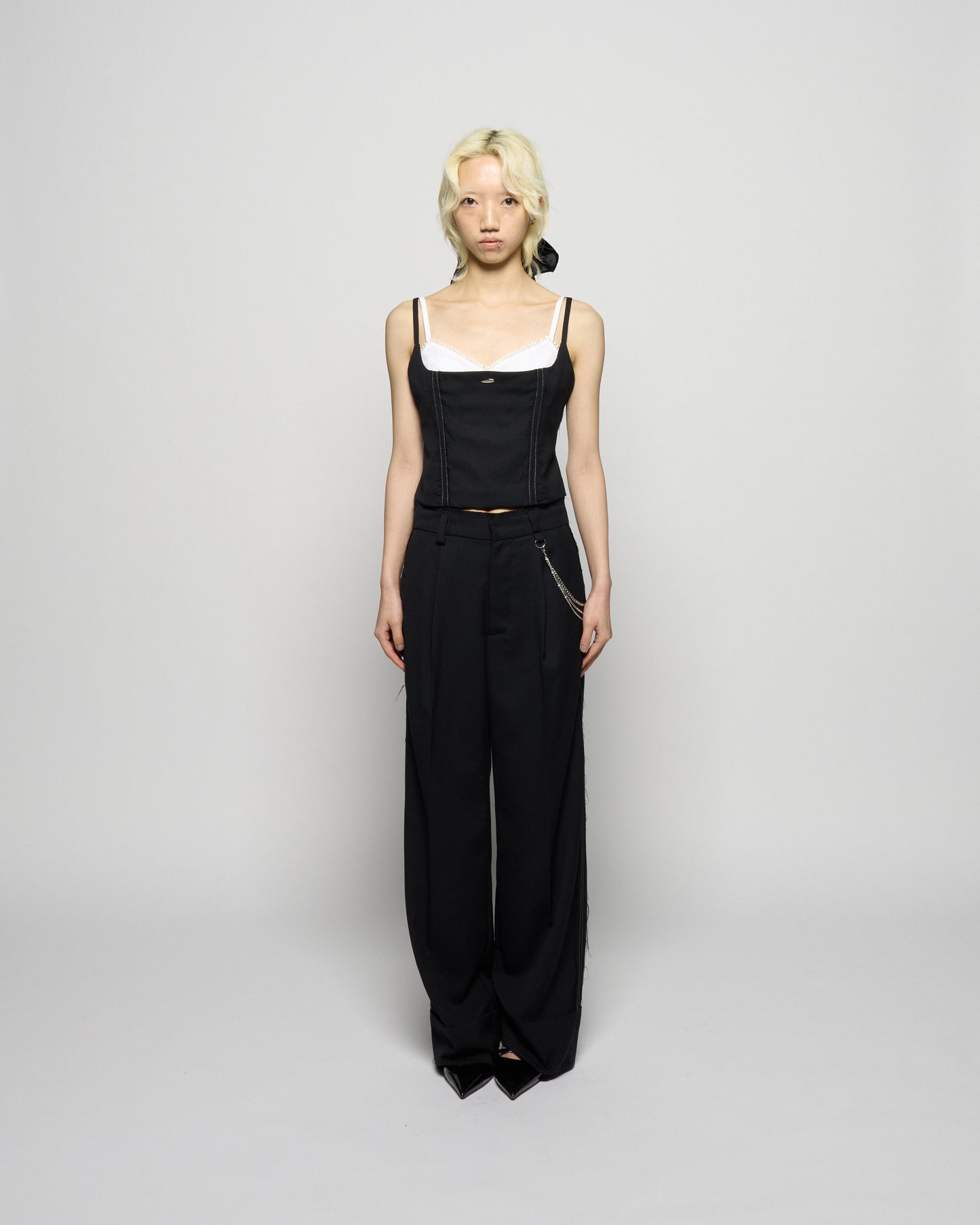 seam frayed dropped chain pants Black【Delivery in February 2026】
