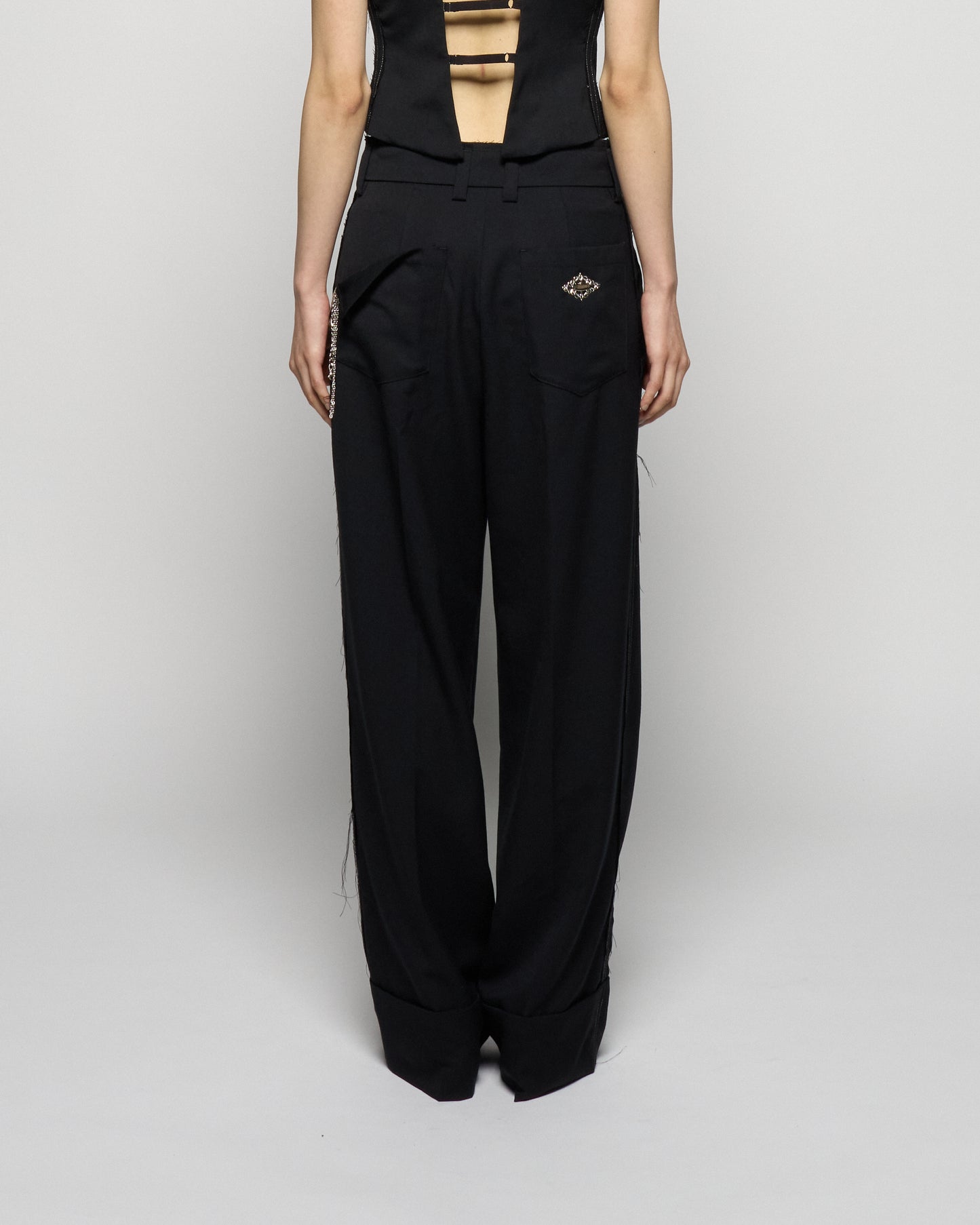 seam frayed dropped chain pants Black【Delivery in February 2026】