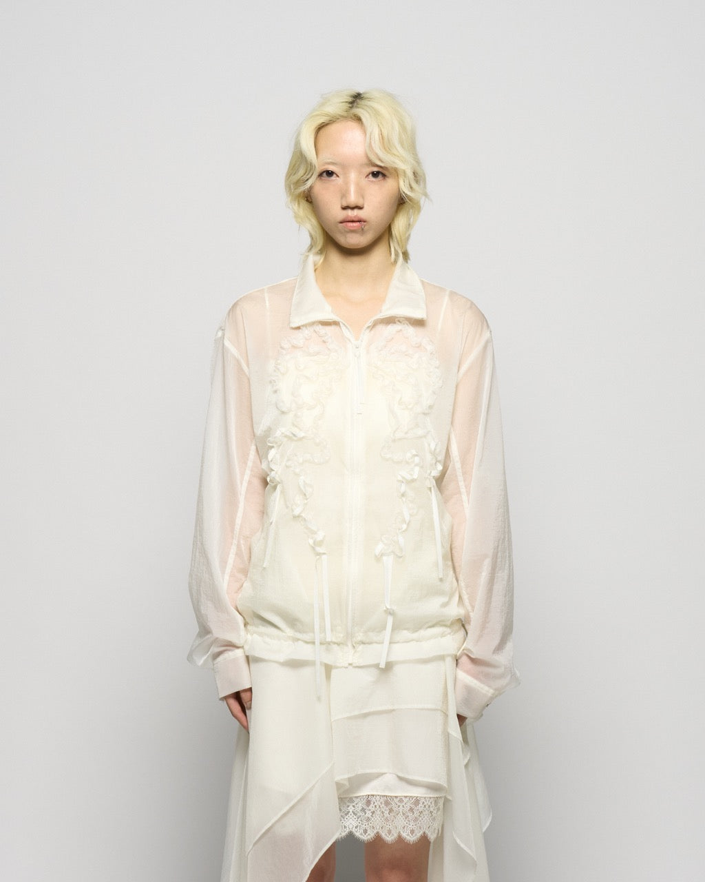 ribbon tulle embroidery wind breaker White 【Delivery in January 2026】