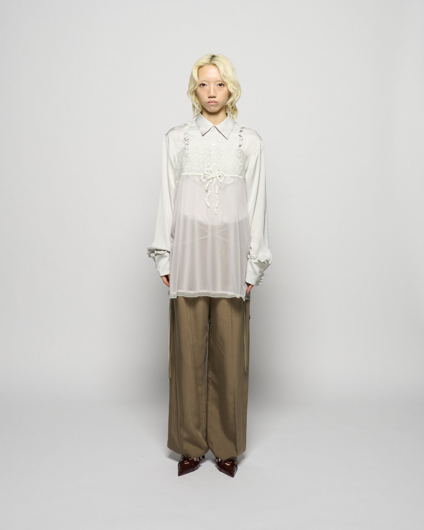 pin tuck frilled shirt Smoke green【Delivery in January 2026】