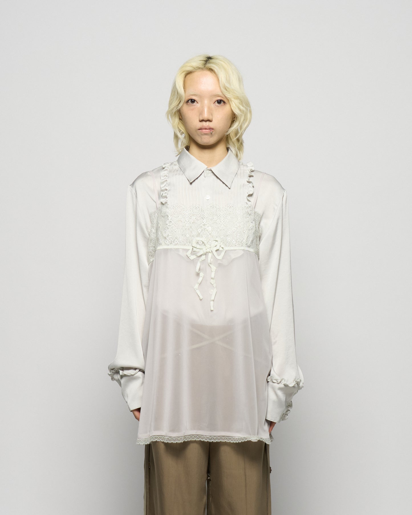 pin tuck frilled shirt Smoke green【Delivery in January 2026】