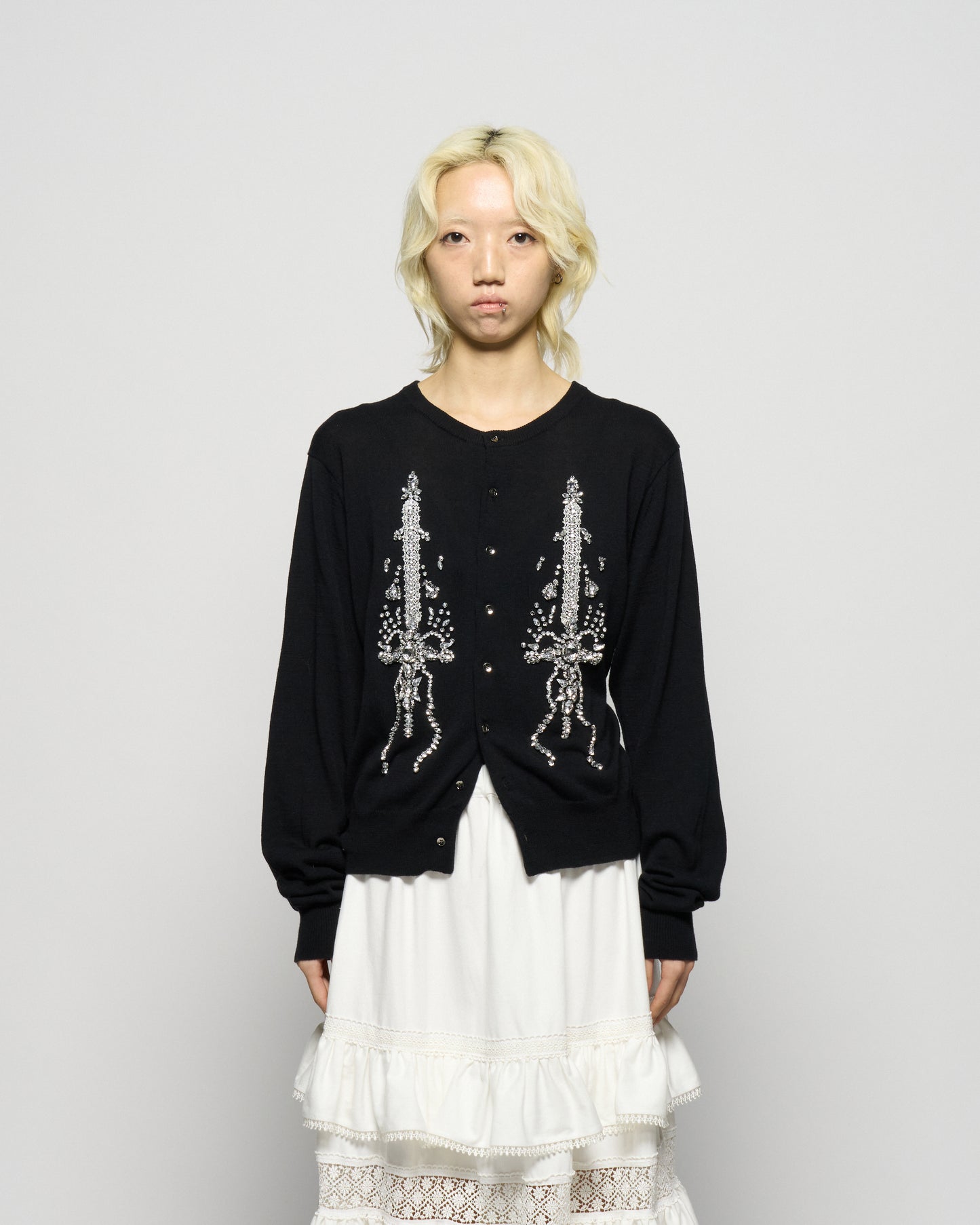 ribbon knight bijou embroidery cardigan Black【Delivery in February 2026】