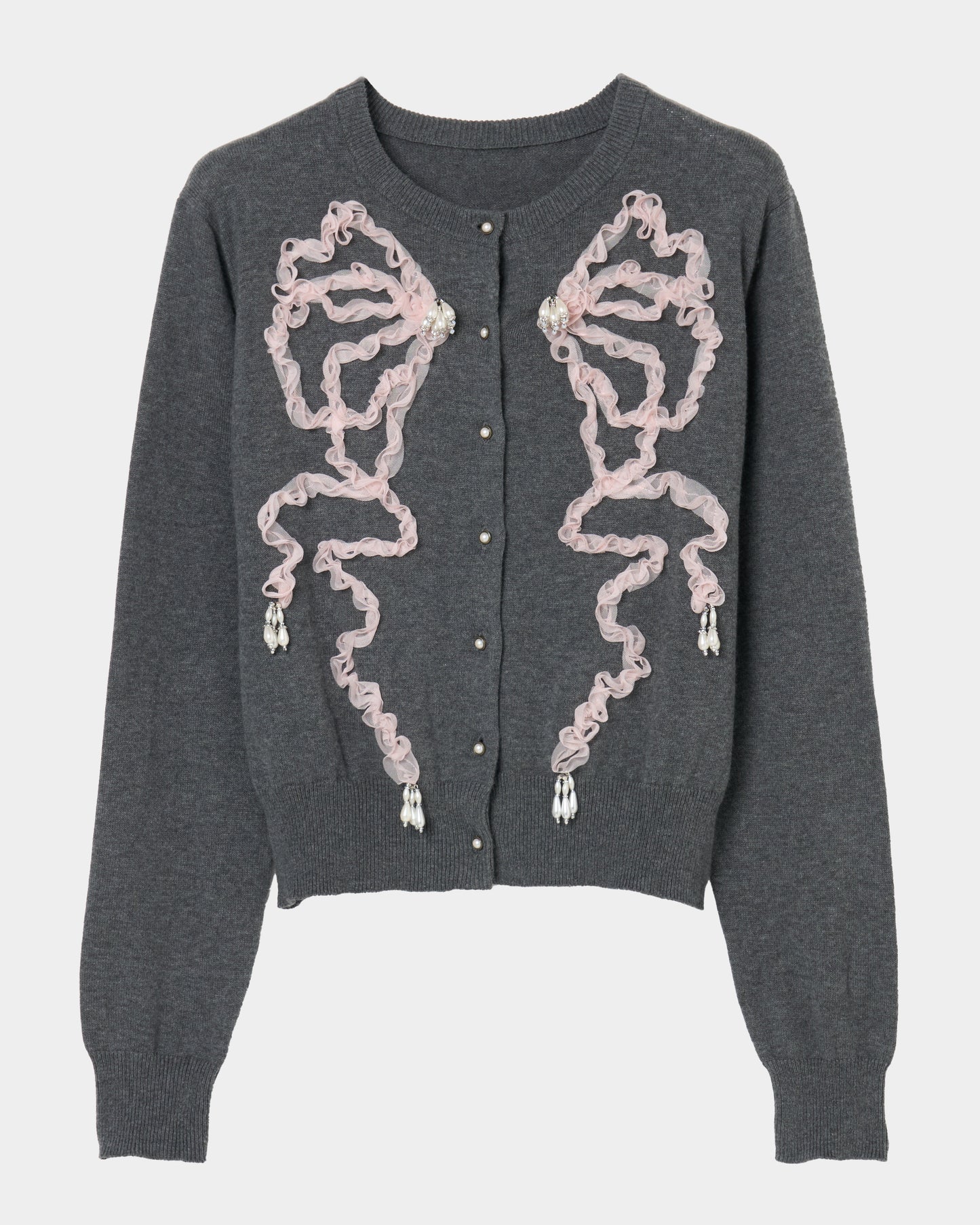 Ribbon tulle pearl embroidery cardigan Heather gray【Delivery in February 2026】