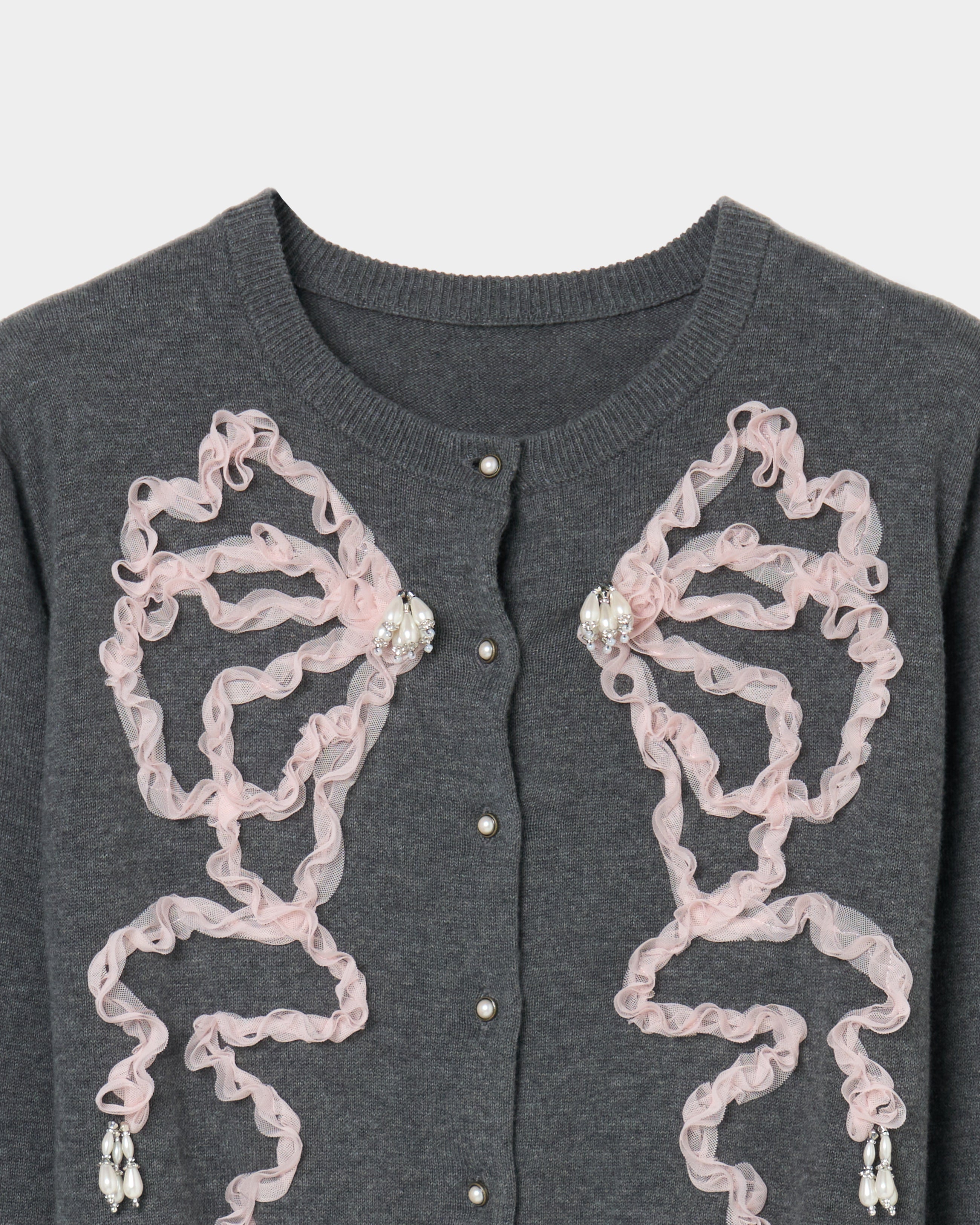 Ribbon tulle pearl embroidery cardigan Heather gray【Delivery in