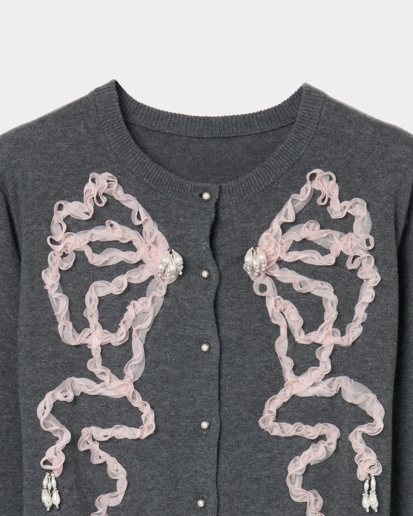 Ribbon tulle pearl embroidery cardigan Heather gray【Delivery in February 2026】
