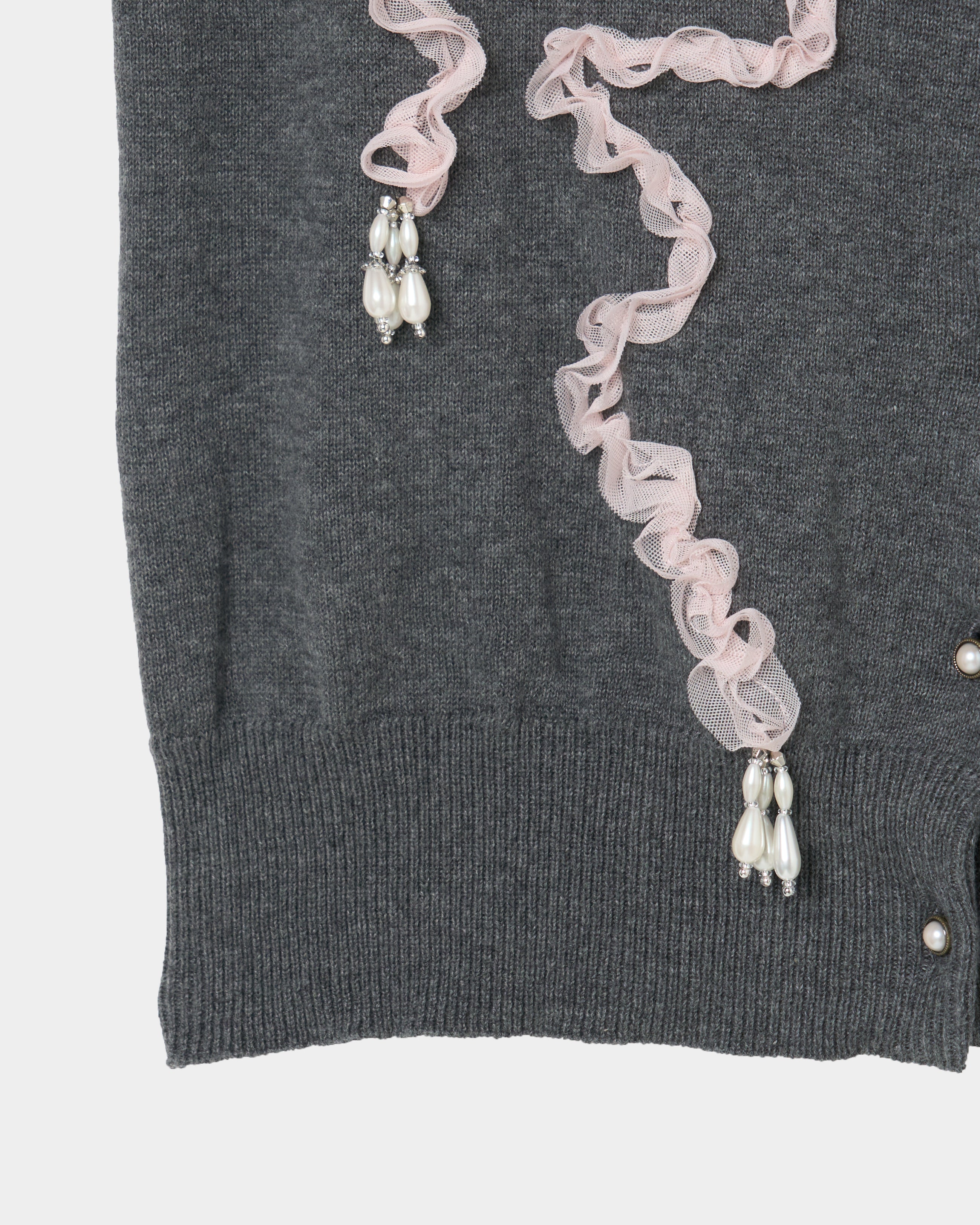 Ribbon tulle pearl embroidery cardigan Heather gray【Delivery in