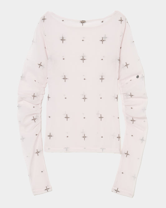 cross embroidery gather sleeve tops Greige【Delivery in February 2026】