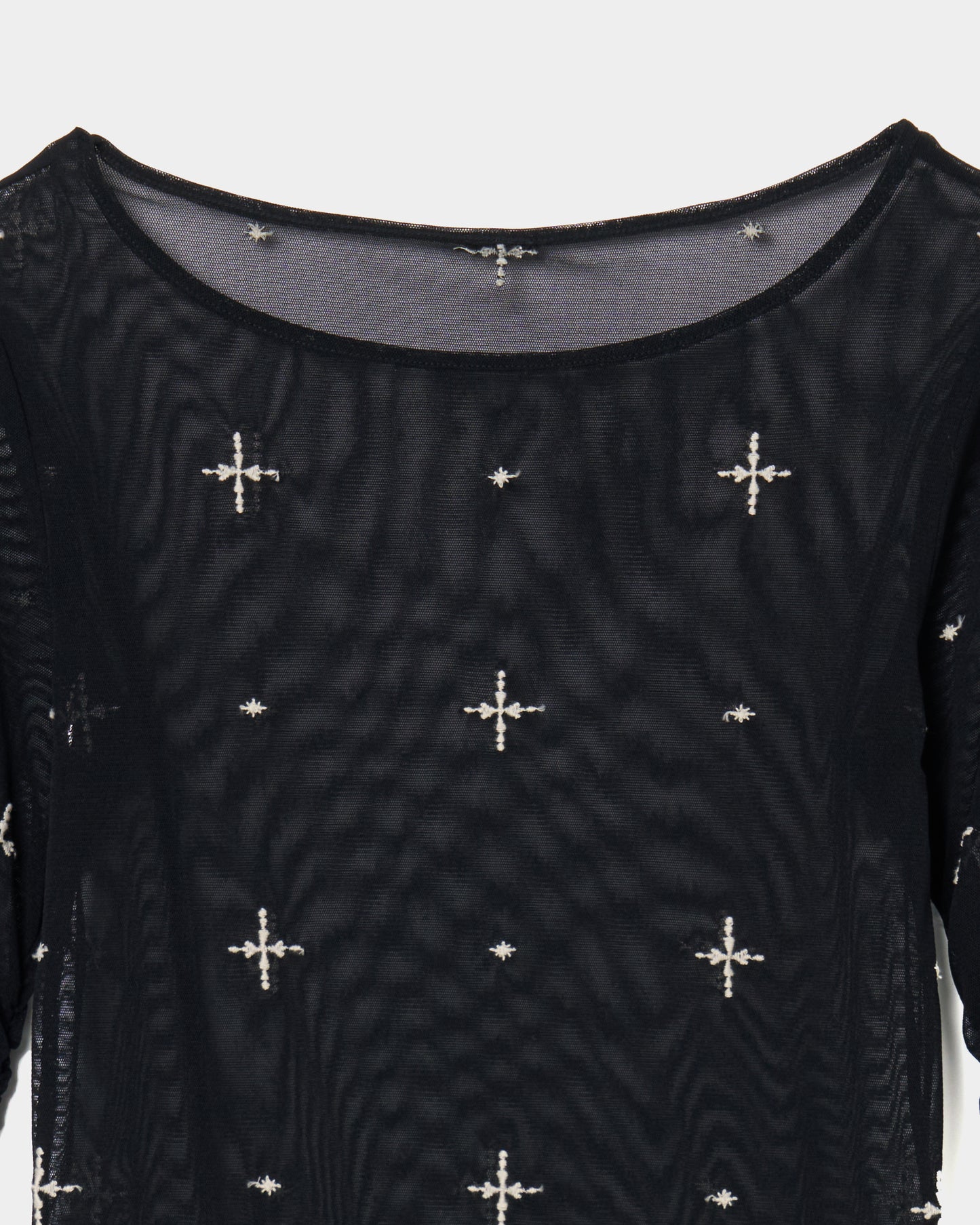 cross embroidery gather sleeve tops Black【Delivery in February 2026】