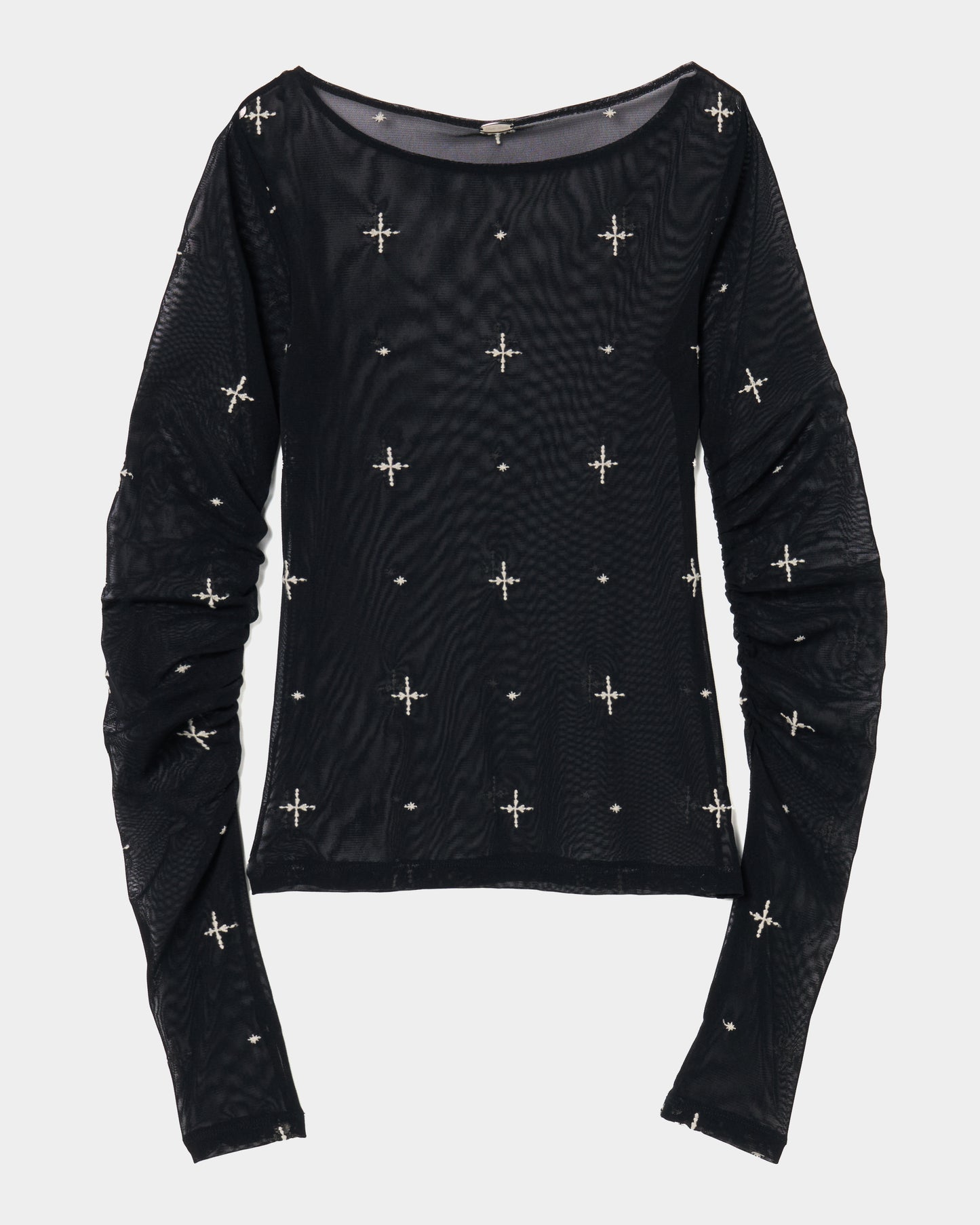 cross embroidery gather sleeve tops Black【Delivery in February 2026】