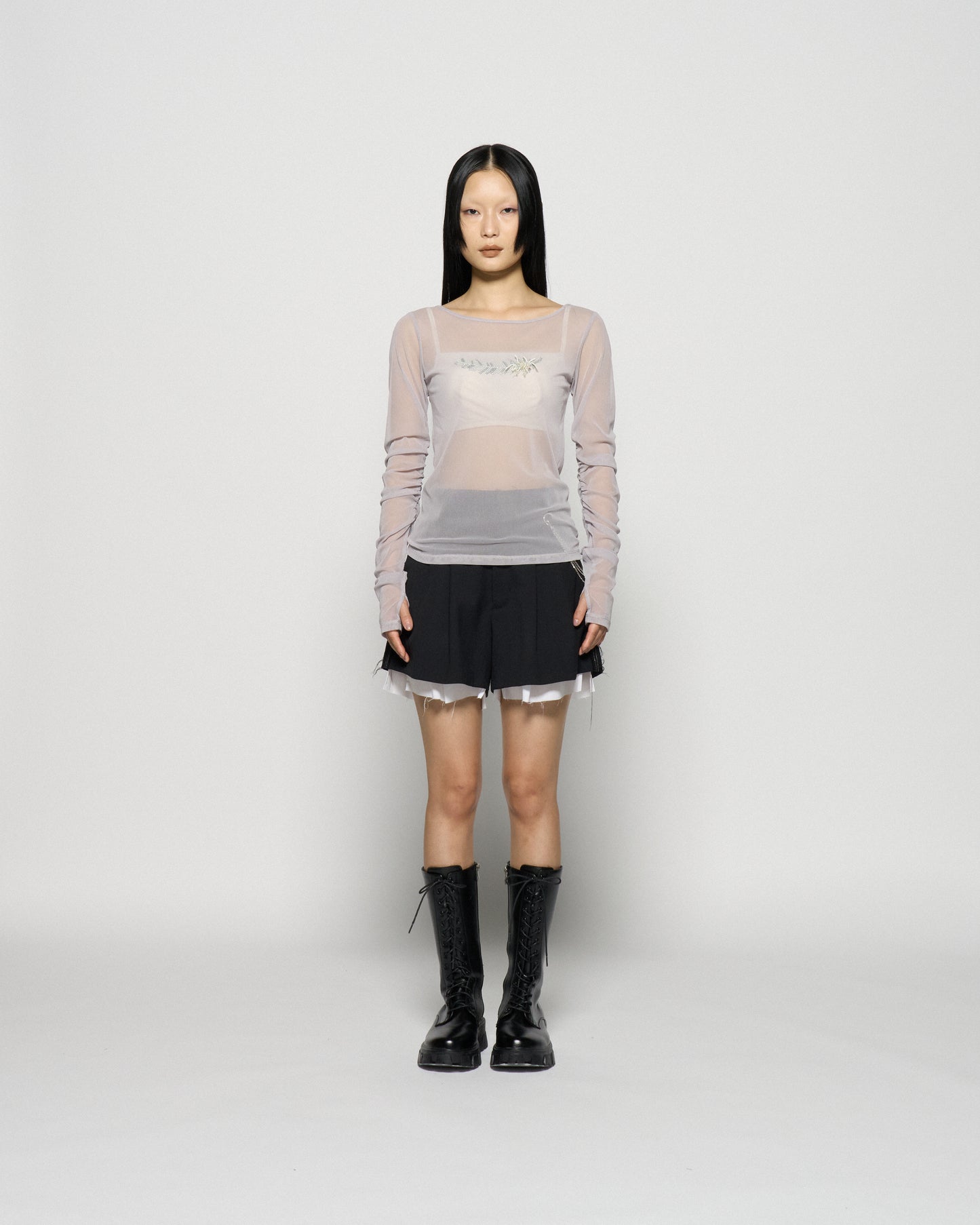 feather beads embroidery gather sleeve tops Gray【Delivery in February 2026】