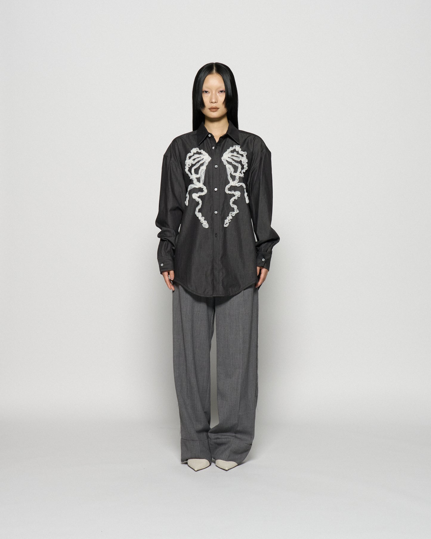 ribbon tulle embroidery shirt Black【Delivery in January 2026】