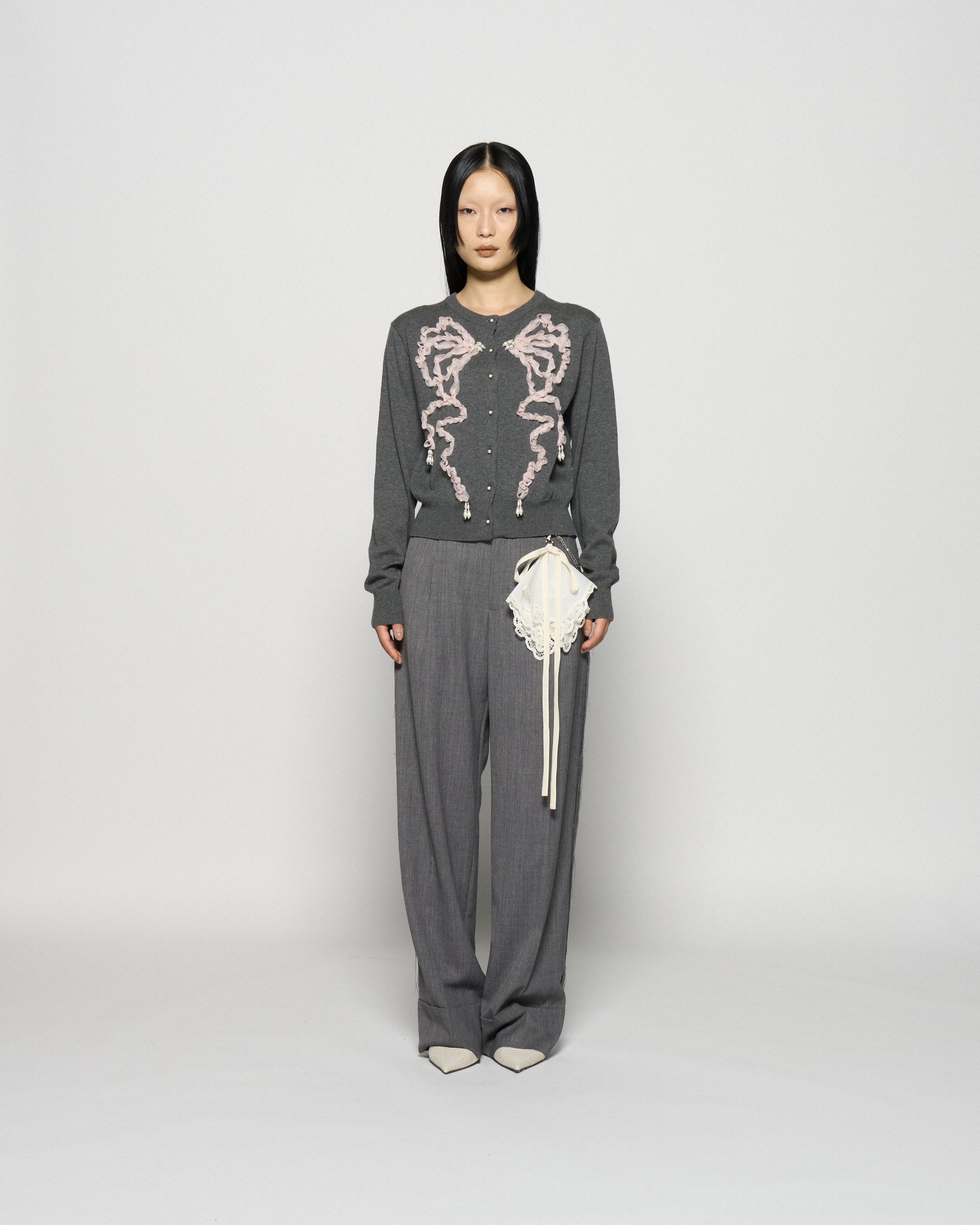 Ribbon tulle pearl embroidery cardigan Heather gray【Delivery in