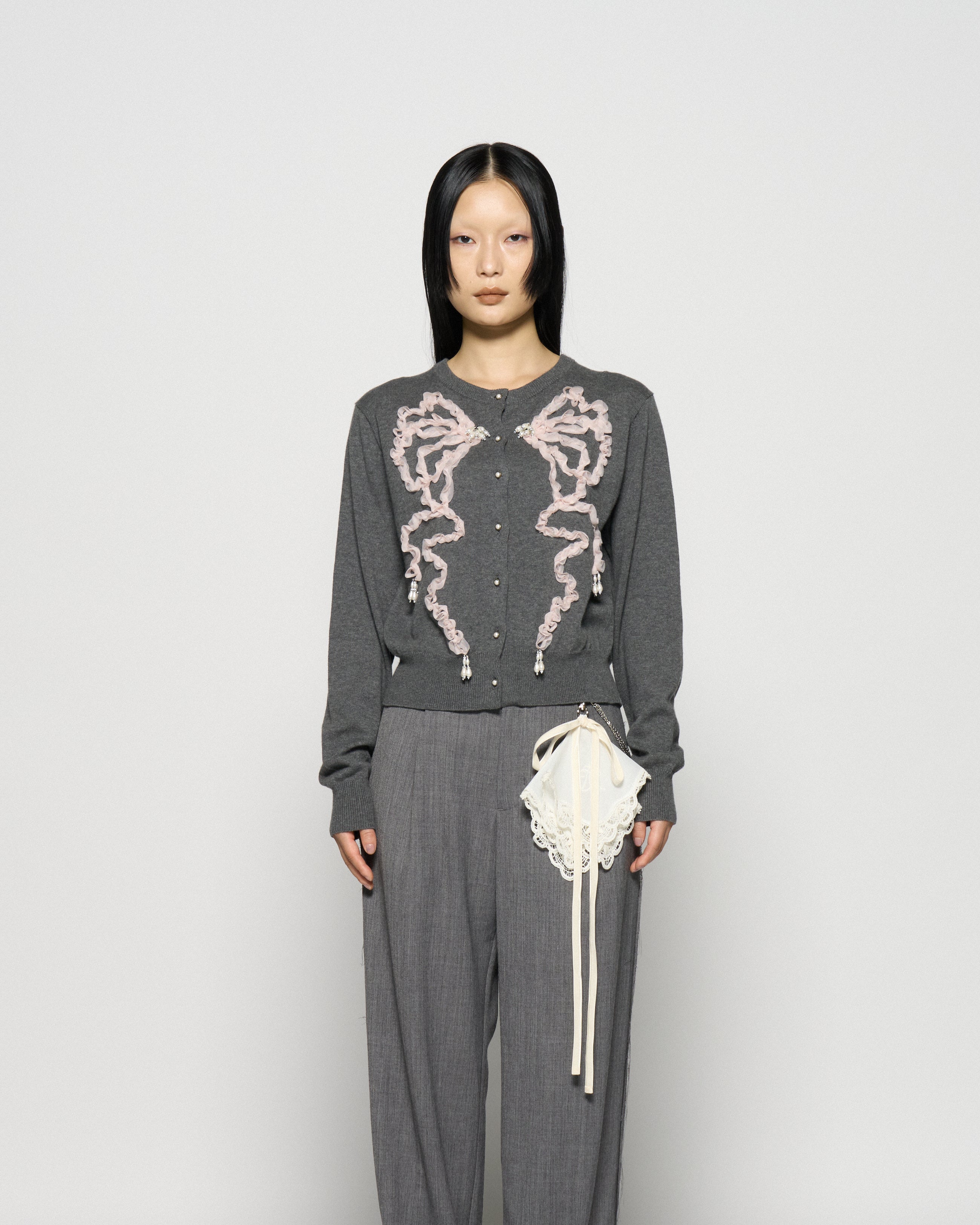 Ribbon tulle pearl embroidery cardigan Heather gray【Delivery in